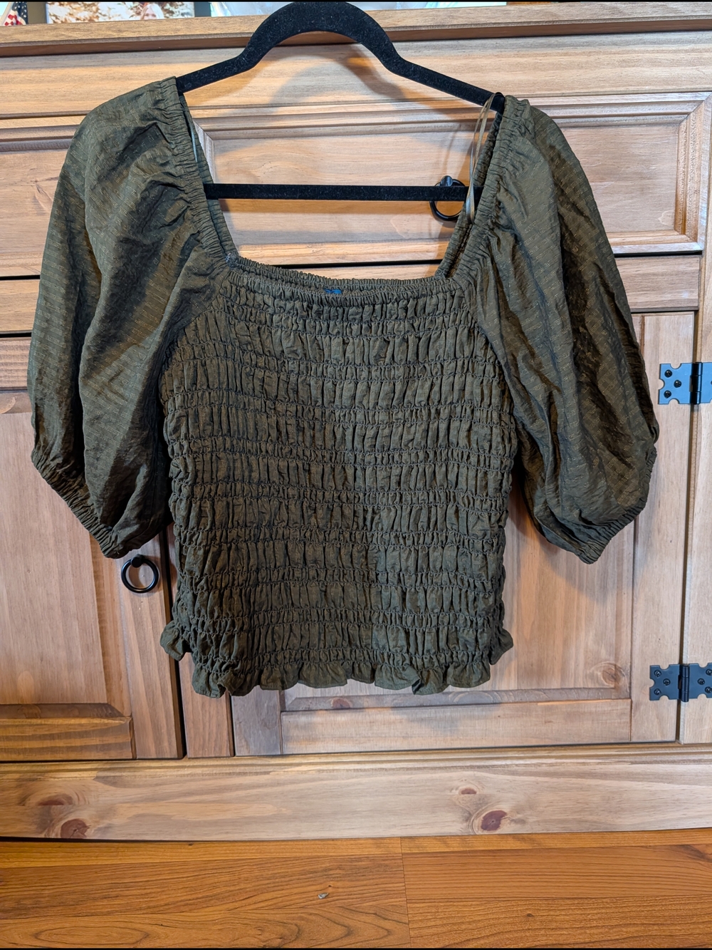Old Navy Olive Green Smocked Puff Sleeve Top